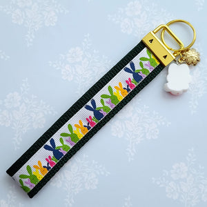 Bunnies Multi Color on Gold Key Chain Fob with Cute Enameled Bunny Charm