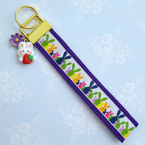 Bunnies Multi Color on Gold Key Chain Fob with Cute Enameled Bunny Charm