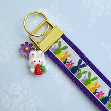 Load image into Gallery viewer, Bunnies Multi Color on Gold Key Chain Fob with Cute Enameled Bunny Charm
