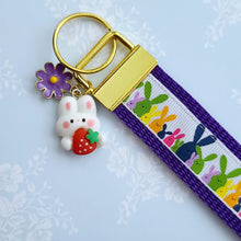 Load image into Gallery viewer, Bunnies Multi Color on Gold Key Chain Fob with Cute Enameled Bunny Charm
