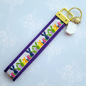 Bunnies Multi Color on Gold Key Chain Fob with Cute Enameled Bunny Charm
