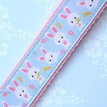 Load image into Gallery viewer, Bunnies with Carrots &amp; Flowers on Light Blue Yellow Gold Key Chain Fob with Enameled Bunny Charm

