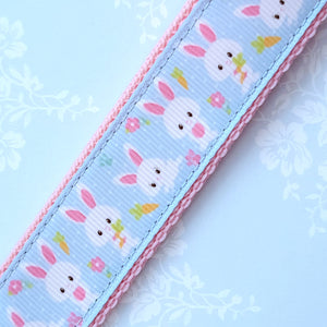 Bunnies with Carrots & Flowers on Light Blue Yellow Gold Key Chain Fob with Enameled Bunny Charm