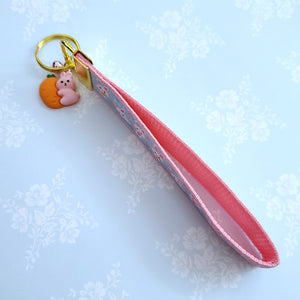Bunnies with Carrots & Flowers on Light Blue Yellow Gold Key Chain Fob with Enameled Bunny Charm