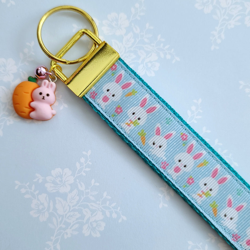 Bunnies with Carrots & Flowers on Light Blue Yellow Gold Key Chain Fob with Enameled Bunny Charm