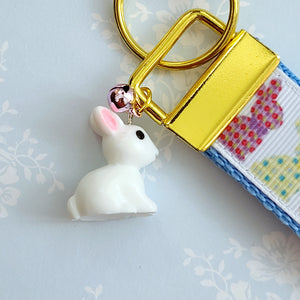Bunnies with Patterns Key Chain Fob on Gold with Bunny Charm