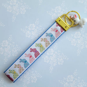 Bunnies with Patterns Key Chain Fob on Gold with Bunny Charm