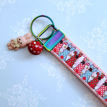 Load image into Gallery viewer, Bunnies with Bows Stars and Polka Dots Key Chain Fob your choice of hardware color
