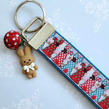 Load image into Gallery viewer, Bunnies with Bows Stars and Polka Dots Key Chain Fob your choice of hardware color
