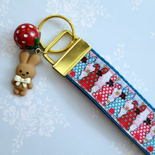 Load image into Gallery viewer, Bunnies with Bows Stars and Polka Dots Key Chain Fob your choice of hardware color

