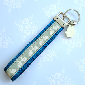 Bunnies In Love on Blue Keychain Fob with Cute Bunny Charm