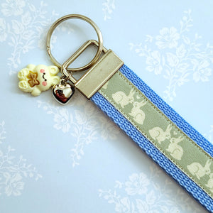 Bunnies In Love on Blue Keychain Fob with Cute Bunny Charm