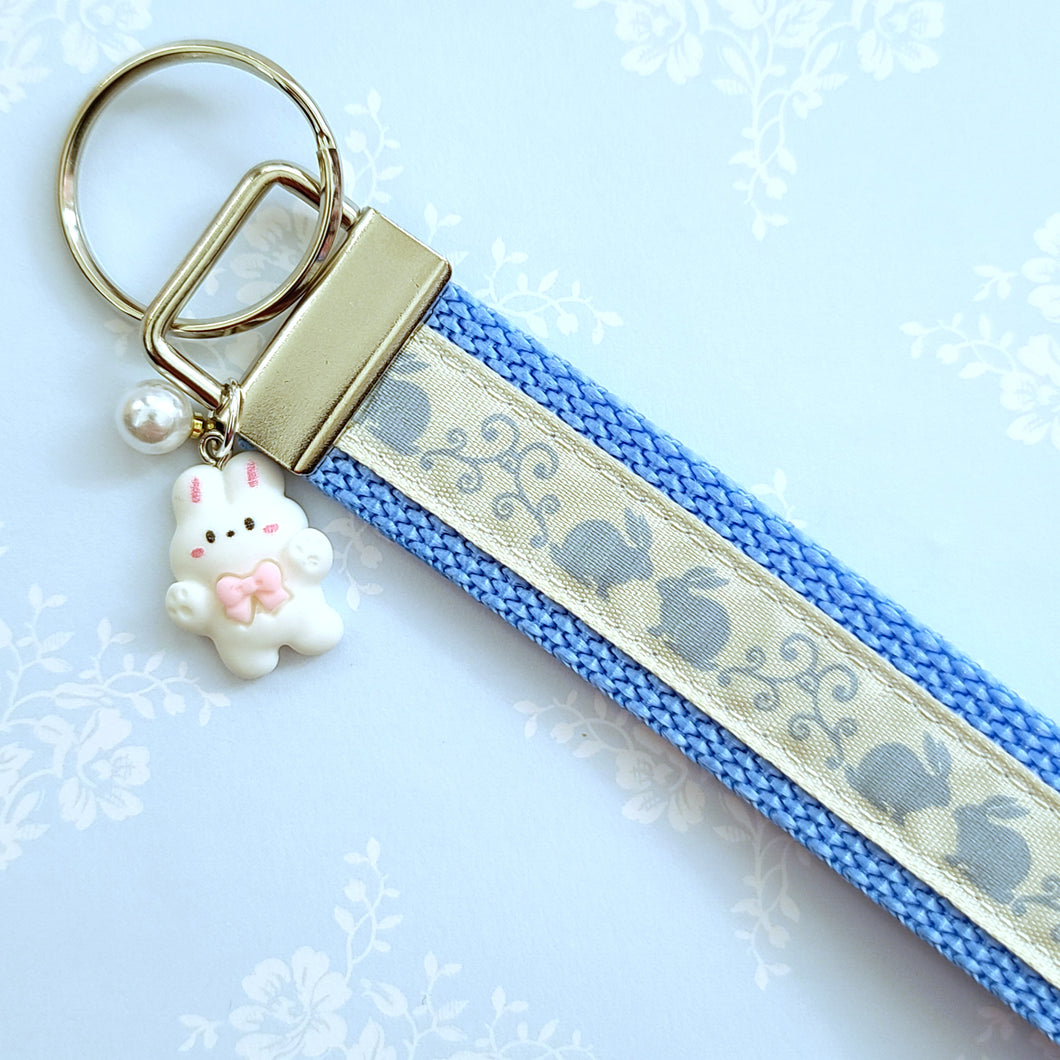 Bunnies In Love on Blue Keychain Fob with Cute Bunny Charm