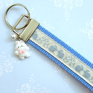 Bunnies In Love on Blue Keychain Fob with Cute Bunny Charm