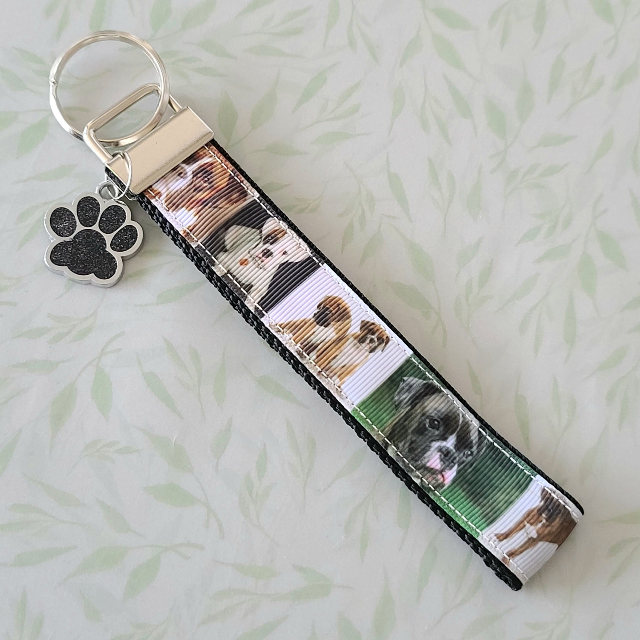 Dog Boxer Key Fob / Key Chain with Enameled Paw Print Charm