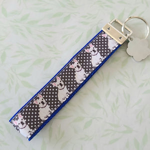 French Bulldog on Polka Dots Key Chain Fob with Enameled Paw Print charm