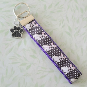 French Bulldog on Polka Dots Key Chain Fob with Enameled Paw Print charm