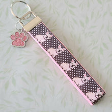 Load image into Gallery viewer, French Bulldog on Polka Dots Key Chain Fob with Enameled Paw Print charm
