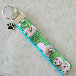 White Puppies Key Chain Fob with Enameled Paw Print Charm