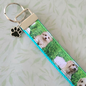 White Puppies Key Chain Fob with Enameled Paw Print Charm