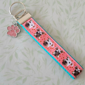 Schnauzers with Strawberries Key Fob /Schnauzer Key Chain with Glitter Enameled Paw Print Charm