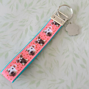 Schnauzers with Strawberries Key Fob /Schnauzer Key Chain with Glitter Enameled Paw Print Charm