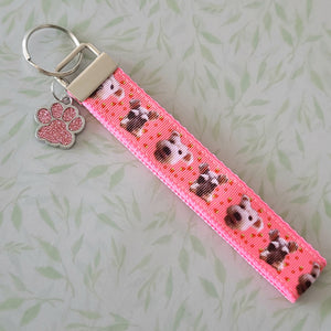 Schnauzers with Strawberries Key Fob /Schnauzer Key Chain with Glitter Enameled Paw Print Charm