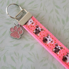 Load image into Gallery viewer, Schnauzers with Strawberries Key Fob /Schnauzer Key Chain with Glitter Enameled Paw Print Charm
