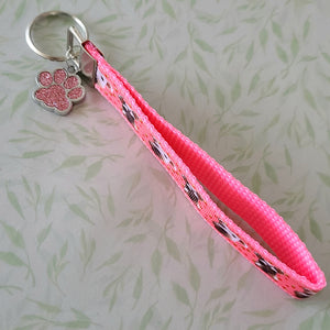Schnauzers with Strawberries Key Fob /Schnauzer Key Chain with Glitter Enameled Paw Print Charm
