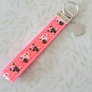 Schnauzers with Strawberries Key Fob /Schnauzer Key Chain with Glitter Enameled Paw Print Charm