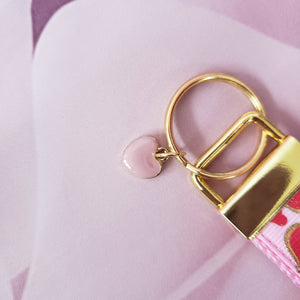 Hearts with Sparkles on Yellow Gold Key Chain Fob with Enameled Rose or Heart Charm