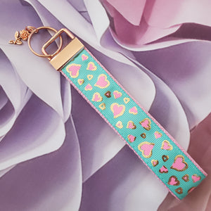 Hearts in Pink on Gold Foil Outline Key Chain Fob on Rose Gold with Rose Charm