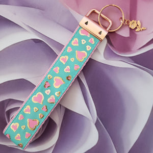 Hearts in Pink on Gold Foil Outline Key Chain Fob on Rose Gold with Rose Charm