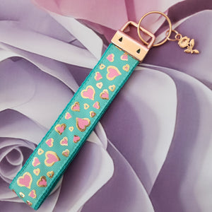 Hearts in Pink on Gold Foil Outline Key Chain Fob on Rose Gold with Rose Charm