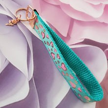 Load image into Gallery viewer, Hearts in Pink on Gold Foil Outline Key Chain Fob on Rose Gold with Rose Charm
