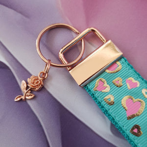 Hearts in Pink on Gold Foil Outline Key Chain Fob on Rose Gold with Rose Charm