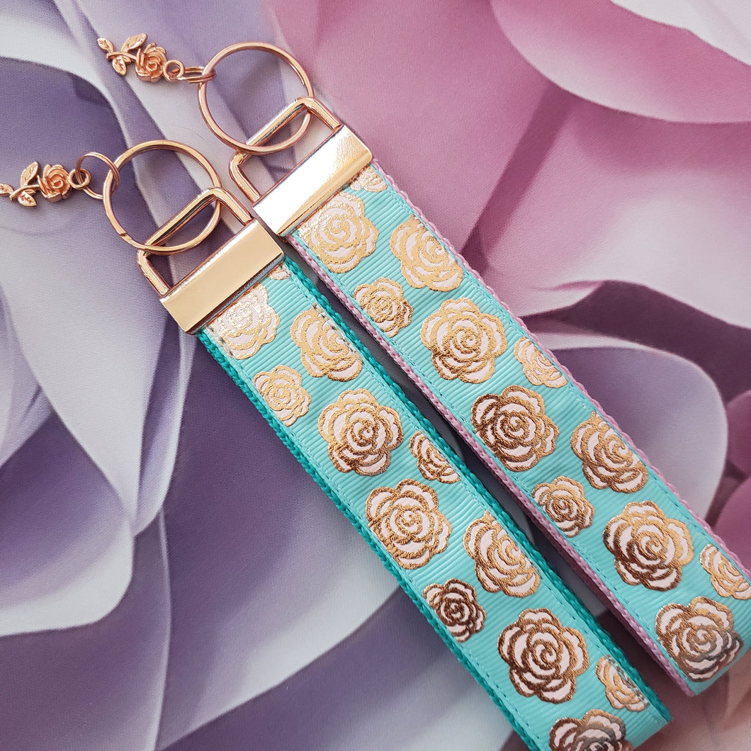 Roses on Citrine and Gold Key Chain Fob on Rose Gold with Rose Charm
