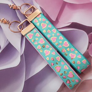 Hearts in Pink on Gold Foil Outline Key Chain Fob on Rose Gold with Rose Charm