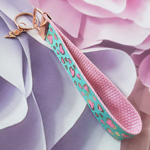 Hearts in Pink on Gold Foil Outline Key Chain Fob on Rose Gold with Rose Charm