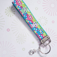 Load image into Gallery viewer, Owls on Polka Dot Path Key Chain Fob with Bling Owl Charm
