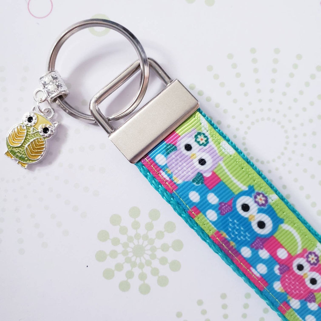 Owls on Polka Dot Path Key Chain Fob with Bling Owl Charm
