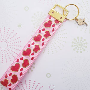 Hearts with Sparkles on Yellow Gold Key Chain Fob with Enameled Rose or Heart Charm