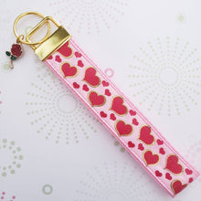 Load image into Gallery viewer, Hearts with Sparkles on Yellow Gold Key Chain Fob with Enameled Rose or Heart Charm
